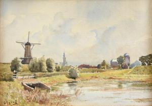 VIGAUD ROBERT,Riverscape with Windmill and Cathedral,Simpson Galleries US 2019-05-18