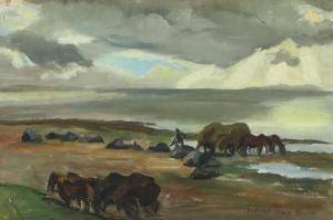 VIGGO BRANDT 1882-1959,Costal scenery with horse wagons,1922,Bruun Rasmussen DK 2020-03-03