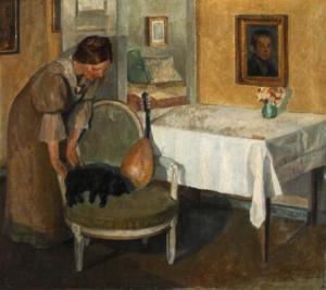 VIGGO BRANDT 1882-1959,Interior with a woman looking at a sleeping cat,Bruun Rasmussen DK 2022-02-08