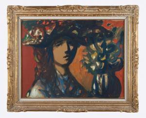 VIGNY Sylvain 1903-1971,Jeune femme au chapeau et vase de fleurs,Gros-Delettrez FR 2023-10-02