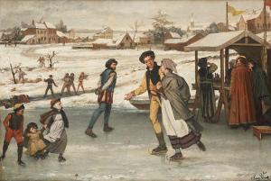 VINCK Frans 1827-1903,Patineurs sur un bras de mer gelé,Horta BE 2021-05-17