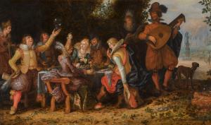 VINCKBOONS David,Elegant company feasting, with musicians beneath a,1622,Sotheby's 2023-12-07
