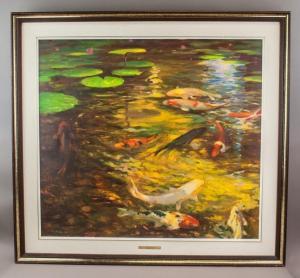 VINELLA Ray 1933-2019,colorful fish in a pond, with lily pads in the bac,888auctions CA 2023-05-11