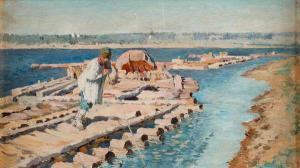 VINOGRADOV Sergei Arsenevich 1869-1938,Volga River Barge Scene,1892,Jackson's US 2013-11-19