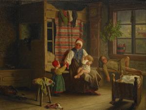 VIRGIN Gottfrid,Allmogeinteriör med kvinna och barn,1871,Stockholms Auktionsverket 2010-12-08