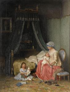 VIRGIN Gottfrid,Sängkammarinteriör med mor och barn,1870,Stockholms Auktionsverket 2013-12-03