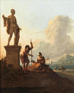 VITRINGA Wigerius 1657-1721,ITALIENISCHE LANDSCHAFT MIT HIRTENPAAR NEBEN STATU,Hampel DE 2019-06-27