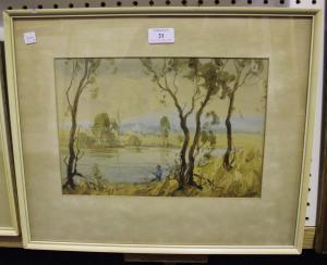 VOGEL Ernest 1909-1993,Australian Landscape with Lake and Fisherman,Tooveys Auction GB 2017-05-17
