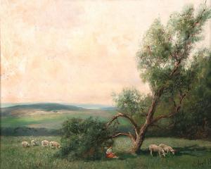VOGEL Werner 1889-1957,Sommerlandschaft, ruhendes Mädchen bei den Schafen,Engel DE 2024-12-21
