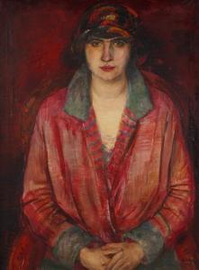 VOIGT Richard Otto,Dame in Rot Halbfigurenbildnis einer en face sitze,1926,Mehlis 2020-08-27