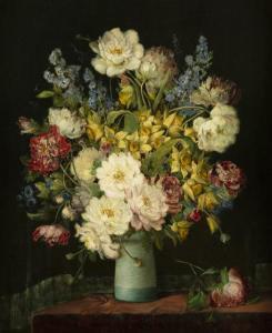 VOISARD J,Stilleben mit Blumen in einer türkisfarbenen Vase ,19th/20th century,Nagel 2020-03-18