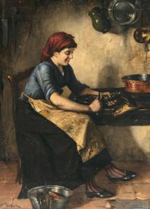 VOKOS Nikolaos 1861-1902,Magd in der Küche, beim Schuppen eines Fisches,Neumeister DE 2022-12-07