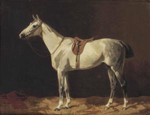 VOLKERS Emil 1831-1905,A saddled grey horse waiting in a stable,1897,Christie's GB 2012-12-11