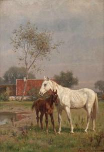 volkers fritz 1868-1944,Pferde auf Koppel weiße Stute und braunes Fohlen a,1900,Mehlis DE 2018-05-24