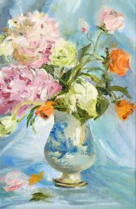 VOLKOVA Maria 1927,still life of mixed flowers in a blue and white vase,John Nicholson GB 2022-02-09