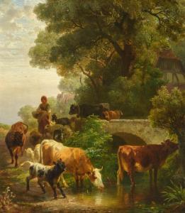 VOLTZ Friedrich Johann 1817-1886,Cows by a river with a bridge,Galerie Koller CH 2024-03-22