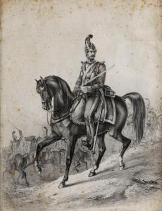 VOLTZ Ludwig Gustav 1825-1911,Bayerischer Kürassier zu Pferd vor einer nach unte,Hampel 2012-12-07