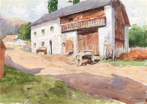 von BLAAS Julius 1845-1922,A village road with a farmhouse,Palais Dorotheum AT 2017-04-04