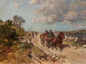 von BOCHMANN Gregor 1850-1930,Fuhrwerk auf sandigem Weg am Kanal,1904,Van Ham DE 2024-01-30