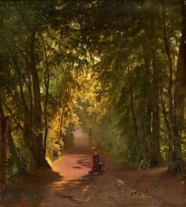 von BONSTETTEN Abraham Sigmund 1796-1879,Dame mit Hund im Park,1875,Dobiaschofsky CH 2023-11-08