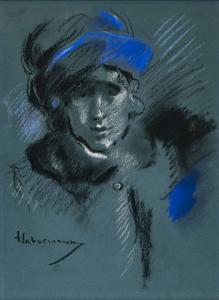 von HABERMANN Hugo, Freiherr 1849-1929,Dame mit blauem Hut,Neumeister DE 2022-12-07