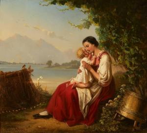 von HECKEL August,MOTHER AND CHILD BY FISHING NETS WITH MOUNTAINS IN,1853,Whyte's 2021-03-22