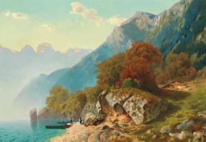 von KAMEKE Otto Werner Henning 1826-1899,A Mountain Lake with Farmstead and Fisher,Palais Dorotheum 2021-05-06