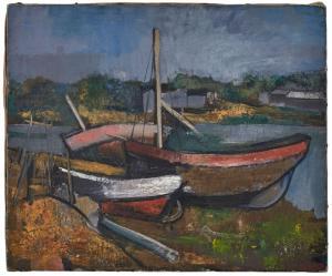 von MERVELDT Hans Hubertus 1901-1969,Boote mit Häusern auf der anderen Seite,Dobritz DE 2023-11-18