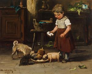 VON MUNKACSY Mihaly,„Kleines Mädchen mit Hundefamilie\“,1877,im Kinsky Auktionshaus 2022-06-28