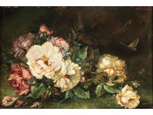 VON NIKITIN Natalie 1864-1952,ROSENBOUQUET UND SCHMETTERLING,Hampel DE 2023-06-29