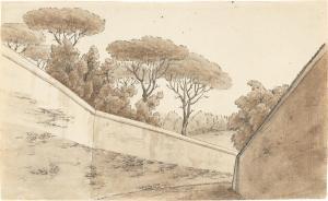 Von OLIVIER Friedrich 1791-1859,Roman pine grove behind a pathway wall,Villa Grisebach DE 2023-06-01