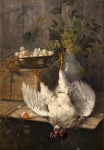von PREUSCHEN Hermione 1854-1898,Tierstück mit weißer Henne, Eiern und Hopfenranke,Galerie Bassenge 2022-06-02