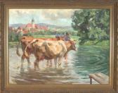 von SCHELLERER Max 1892-1940,Bauer mit zwei Kühen in einer Wasserstelle am Dorf,Allgauer 2008-07-11