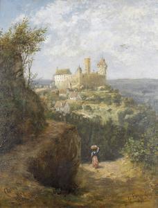 von SCHOTT Karl Albert 1840-1911,Wegpartie mit Blick auf eine Burg,1862,Dobiaschofsky CH 2011-05-11