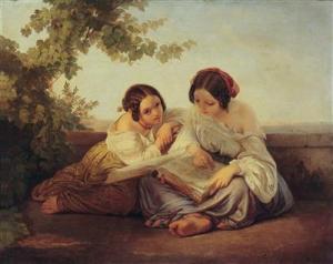 VON SCHUSSLER Ludwig Hermann Alfred 1820-1849,Two Girls Reading,Palais Dorotheum AT 2011-10-11
