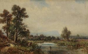 von SCKELL Ludwig, Louis 1833-1912,Pasing River landscape - Shore of a lake,Neumeister DE 2022-03-31