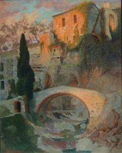 VON SPAUN Friedrich 1910,Southern Landscape with Mill and Stone Bridge,Palais Dorotheum 2016-09-20