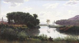 von TÜRCKE Rudolf 1839-1915,Thüringische Flusslandschaft mit Angler,Kastern DE 2019-09-21