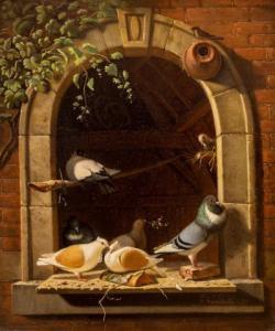 VOORDECKER Henri 1779-1861,Pigeons resting in a stone window,1847,Venduehuis NL 2022-11-17