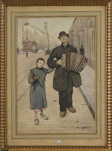 VOS Hubert 1855-1935,Le joueur d\’accordéon et un jeune garçon dans la ,VanDerKindere BE 2020-06-16