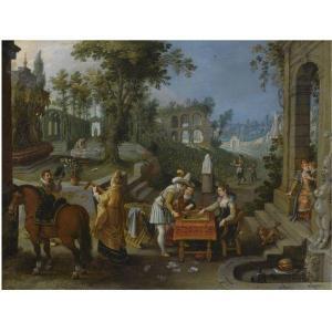 VRANCX Sebastian 1573-1647,A PALACE GARDEN WITH ELEGANT FIGURES PLAYING BACKG,Sotheby's 2009-12-09