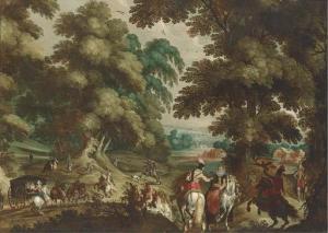 VRANCX Sebastian 1573-1647,A wooded landscape with a hawking party and elegan,Christie's 2004-12-10