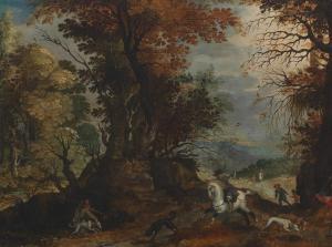 VRANCX Sebastian 1573-1647,Wooded landscape with hunters and three dogs,Aspire Auction US 2014-09-06