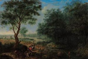 VRIENNTT Josephus 1600-1600,A wooded river landscape with travellers unloading,Christie's 1998-12-16