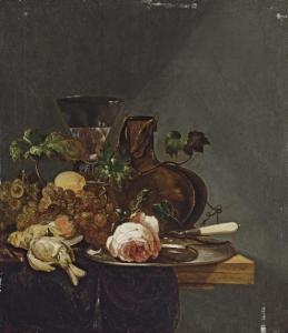 VRIES de M 1800-1800,Roses, grapes, dead birds and a glass, on a ledge,Christie's GB 2007-12-05