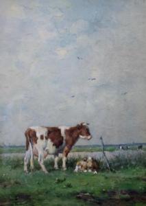VROLIJK Jan Martinus,Een koe met haar kalf in een polderlandschap,1880,Venduehuis 2021-07-04