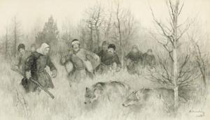 Vyssotsky Konstantin Semenovich,Russian hunters are surprised by wolves,Bruun Rasmussen 2017-12-01