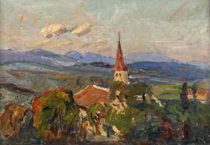 WAGN CARL 1900-1900,Bergdorf sommerlicher Blick über Dorf mit Kirche,Mehlis DE 2017-08-24