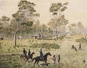 WAGNER CONRAD 1818-1910,MOUNTED POLICE WITH SETTLERS AND ABORIGINES, TOO,1860,Deutscher and Hackett 2017-11-29