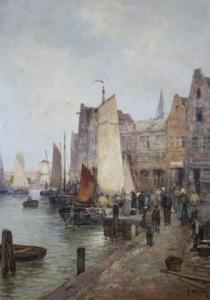 WAGNER Karl 1864-1943,Aan de kaai in de haven met een molen in de verte,Venduehuis NL 2021-02-28